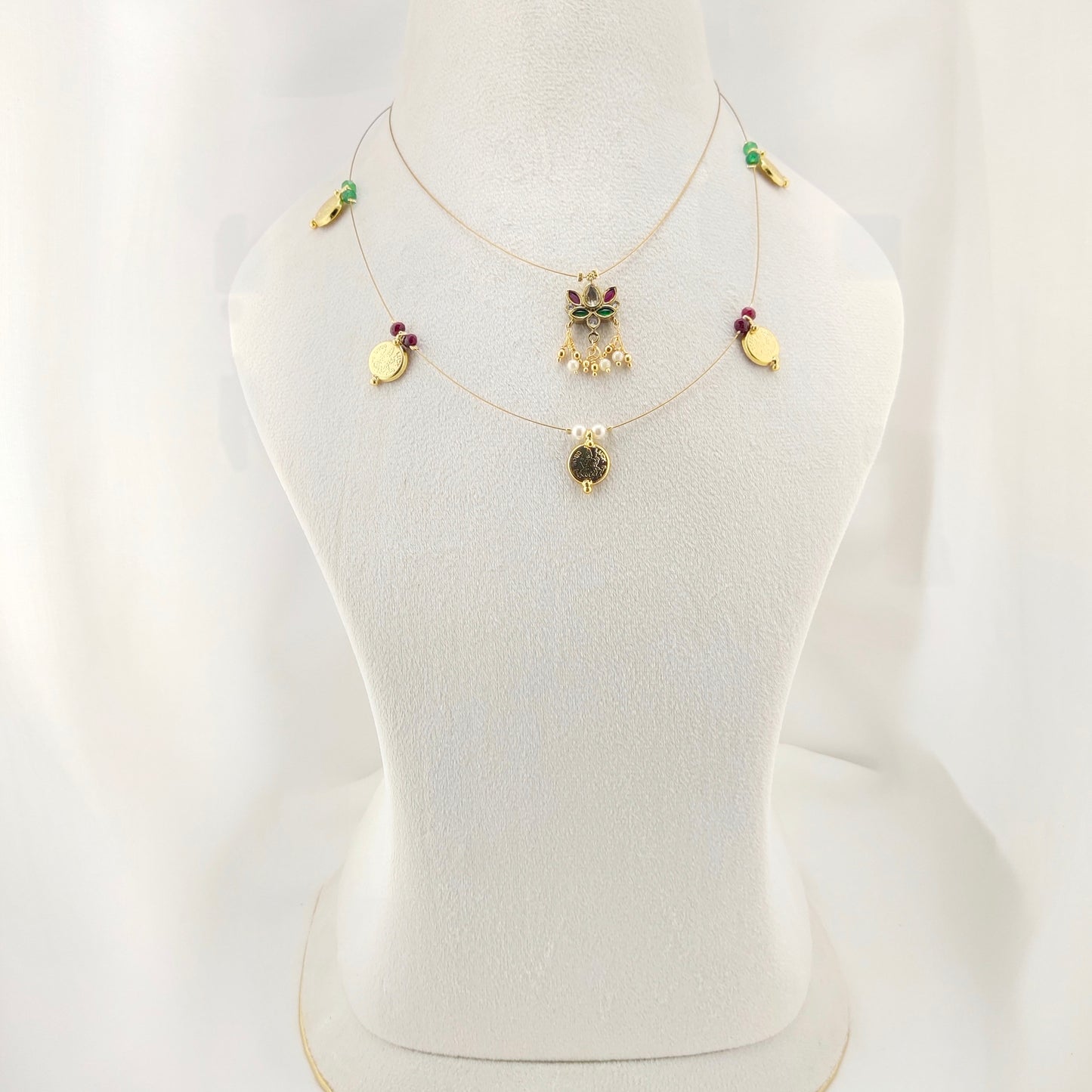 Traditional Lakshmi kasu with lotus pendant invisible chain (2-layer)