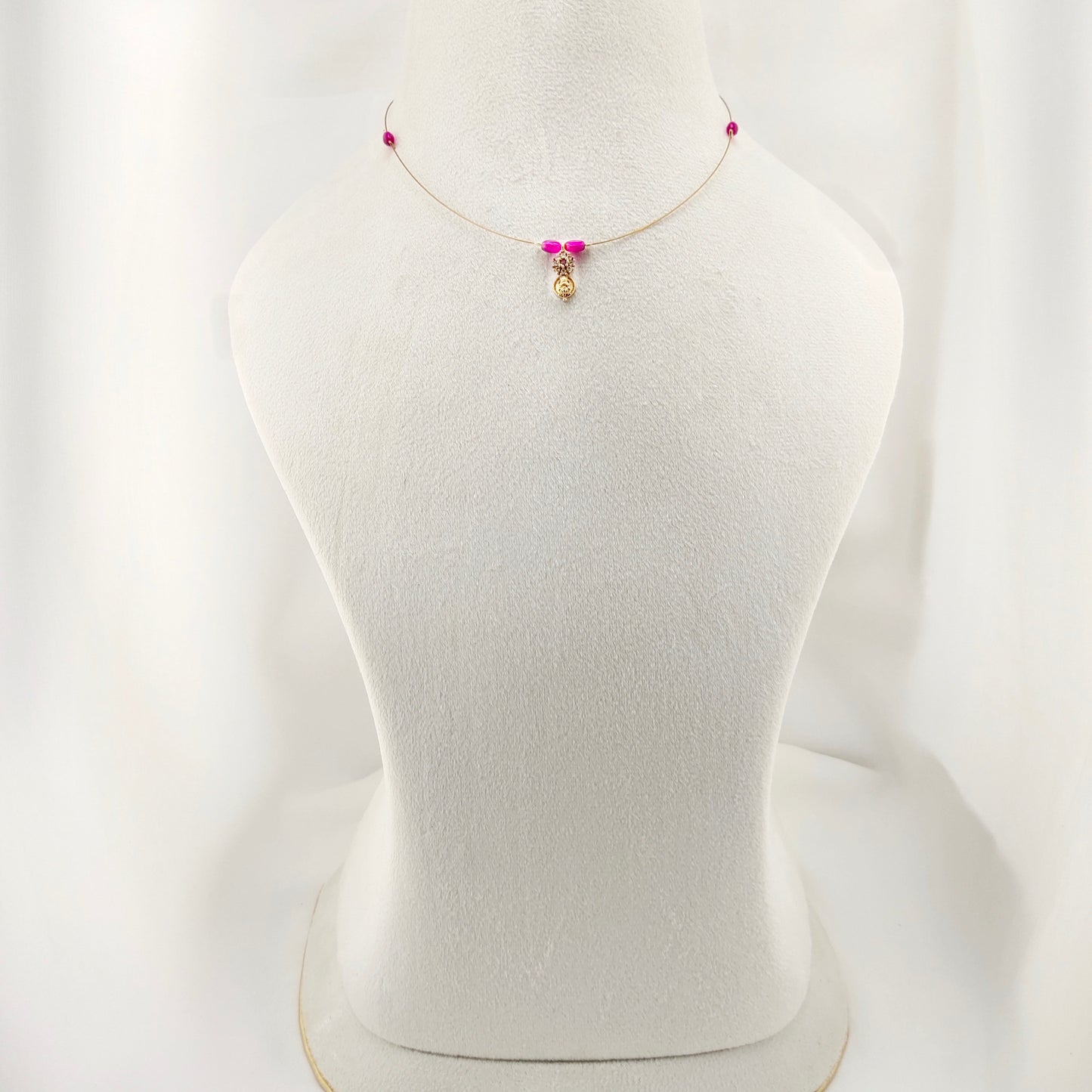 Traditional Lakshmi kasu with ruby beads - invisible chain
