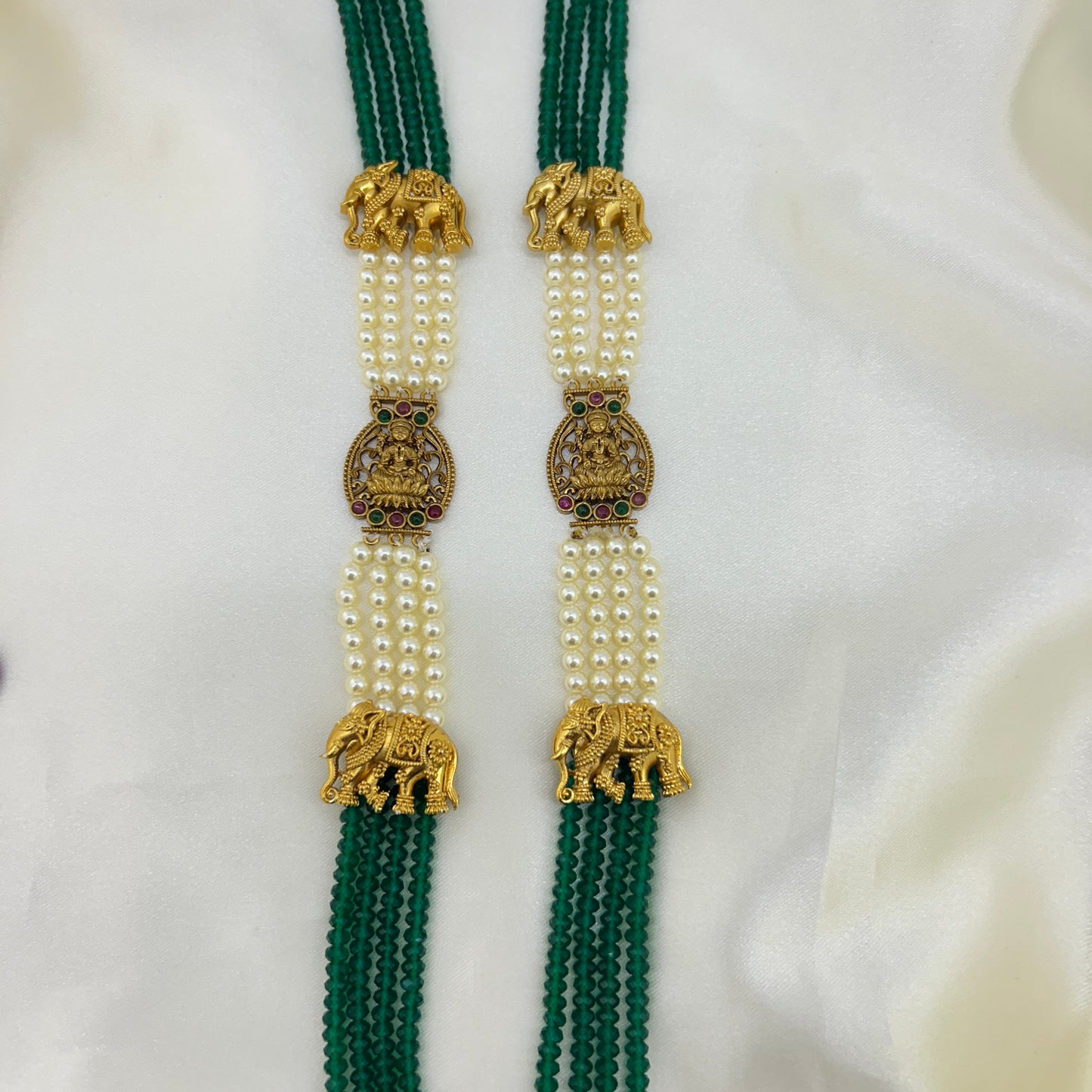 Beautiful Long necklace with green semiprecious beads and Elephant-Lakshmi mopes