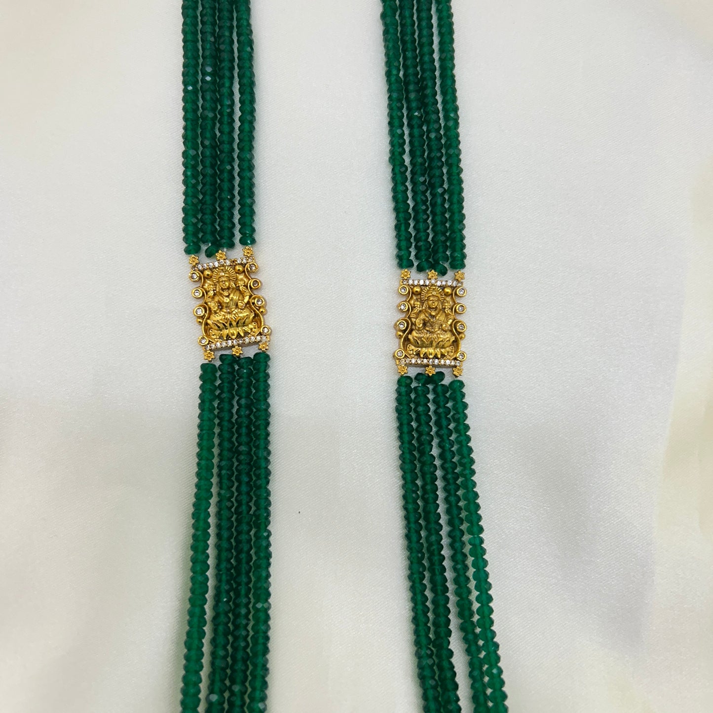 Royal Long necklace with green semiprecious beads and Lakshmi pendants with earrings - 2