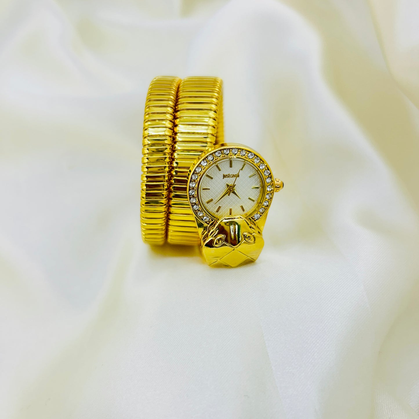Snake Head Detail Watch with White Dial & Stone-Studded Bezel | Gold Accent Timepiece