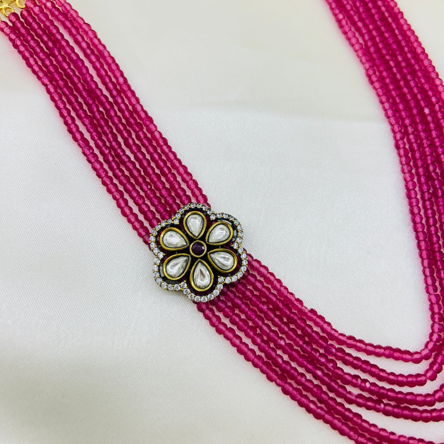 LIGHT PINK CZECH BEAD SHORT NECKLACE – 6 LAYERS, SINGLE VICTORIAN MOPE