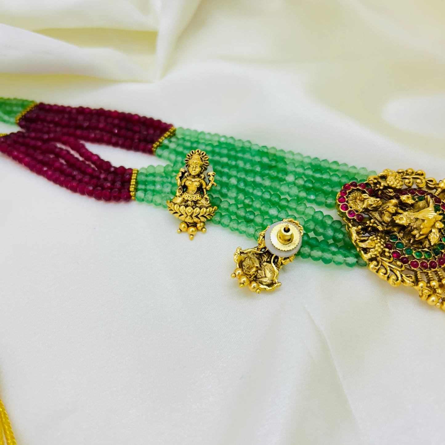 FOUR LAYER ONYX HAARA SET – PINK & SEA GREEN WITH LAKSHMI PENDANT