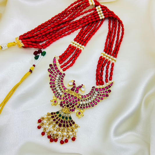 Royal Extra-Long Coral Haara with Gandaberunda Jadau-Kundan Pendant