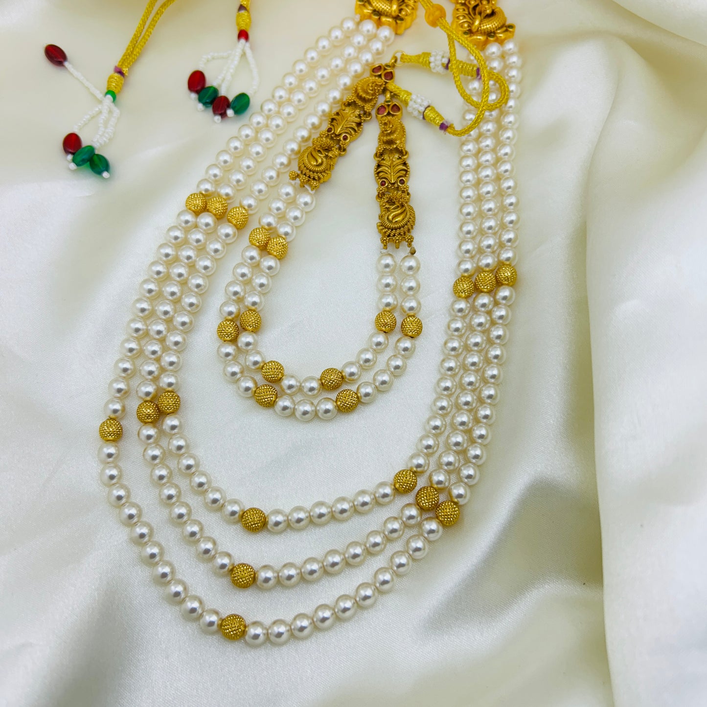 Swarovski Pearl Layered Necklace Set with One Gram Gold Side Motifs (2-Piece Set)
