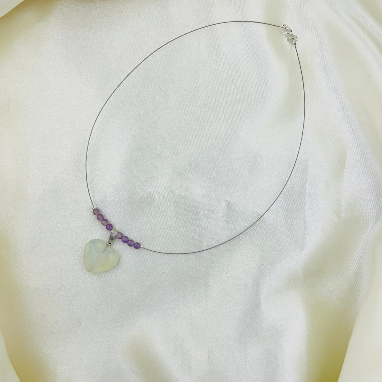 Floating Opalite Heart Necklace | Invisible Chain Gemstone Neckpiece