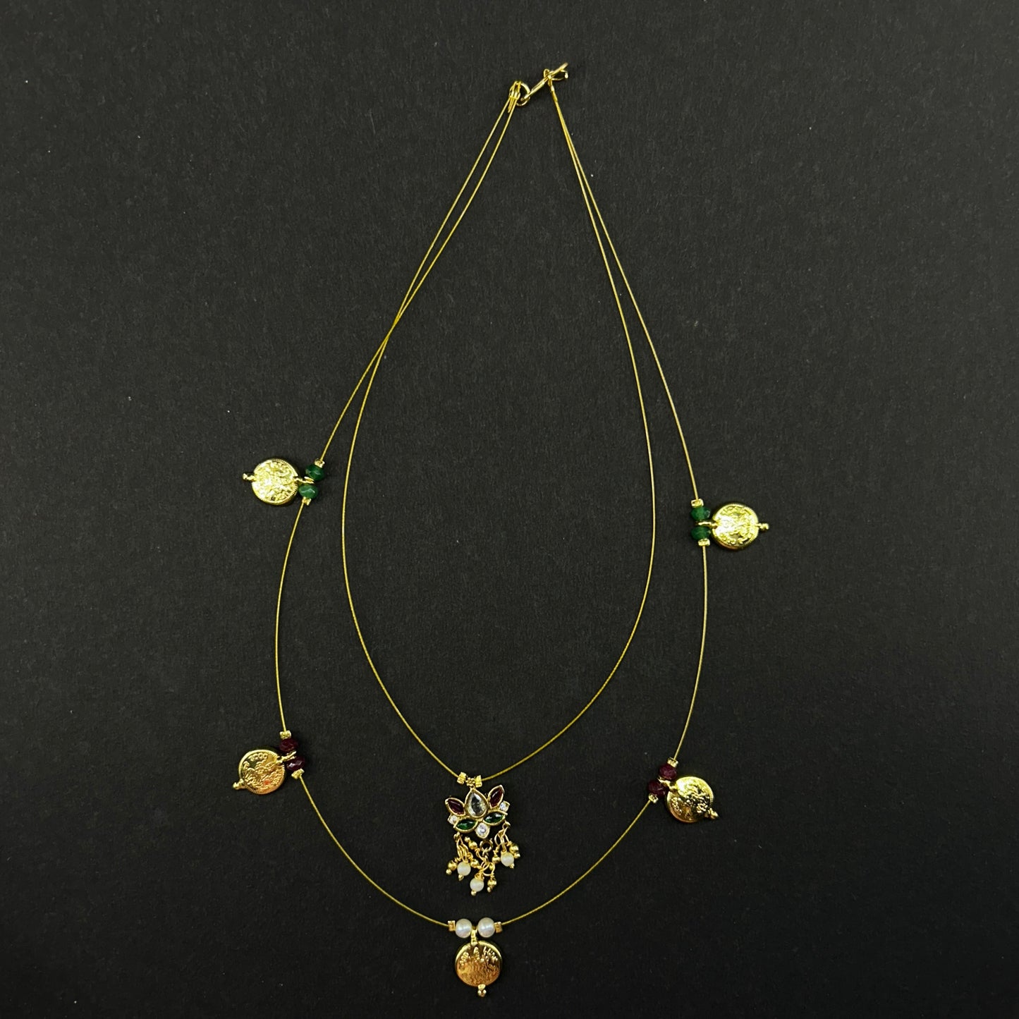 Traditional Lakshmi kasu with lotus pendant invisible chain (2-layer)