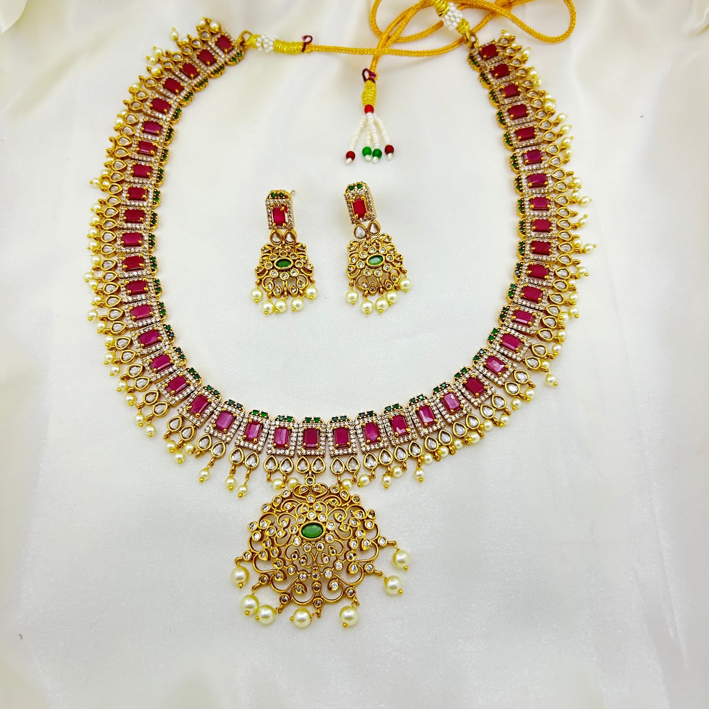 Victorian bridal set with AD-ruby stones- Short and long necklaces with earrings