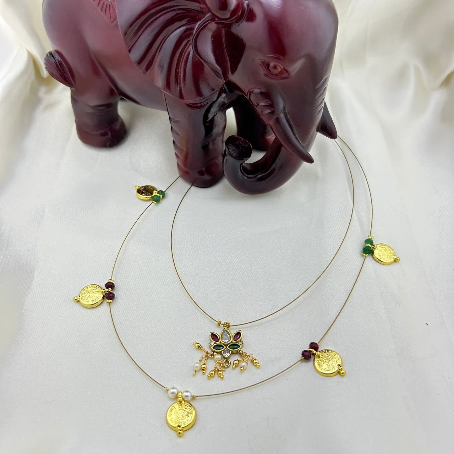 Traditional Lakshmi kasu with lotus pendant invisible chain (2-layer)