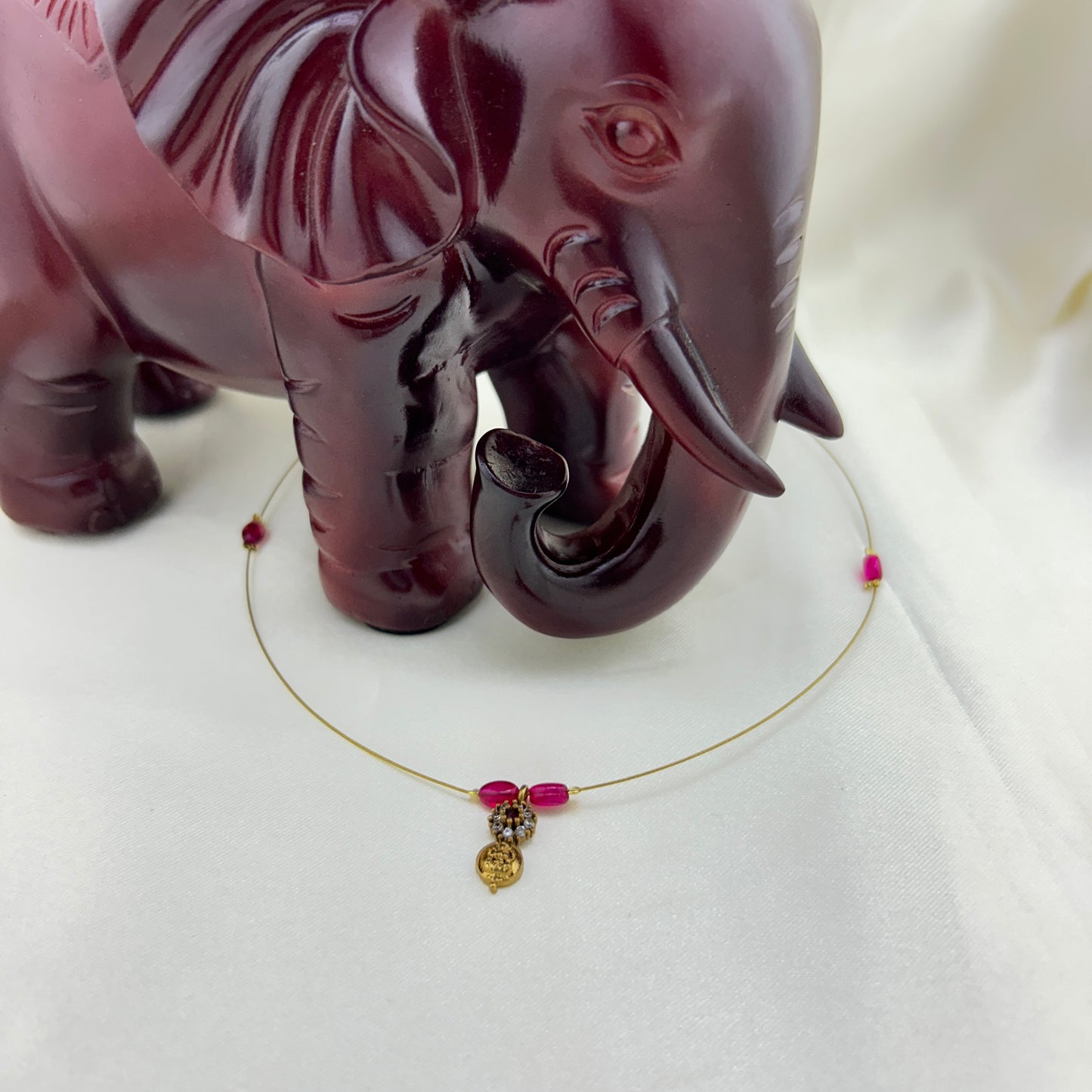 Traditional Lakshmi kasu with ruby beads - invisible chain