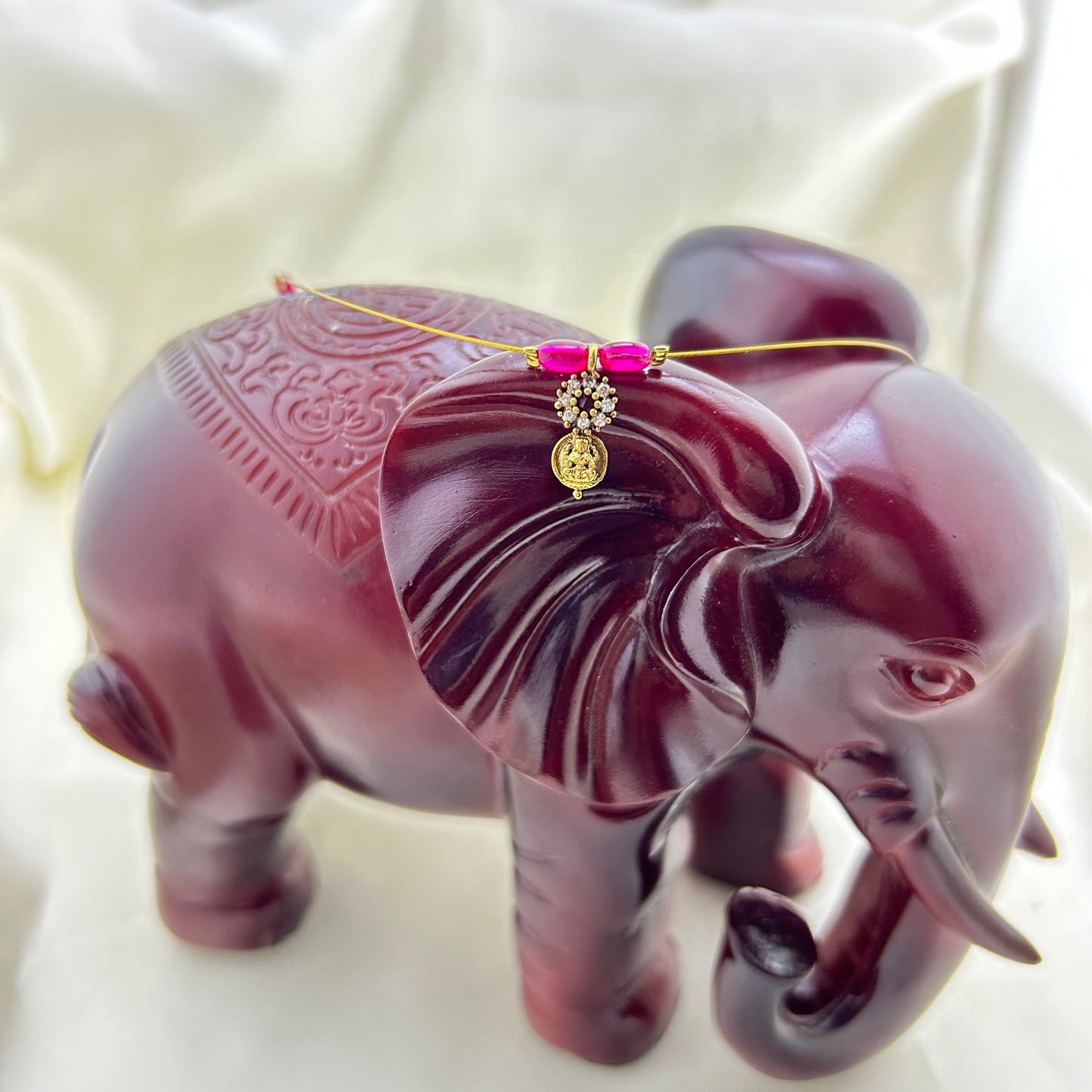 Traditional Lakshmi kasu with ruby beads - invisible chain