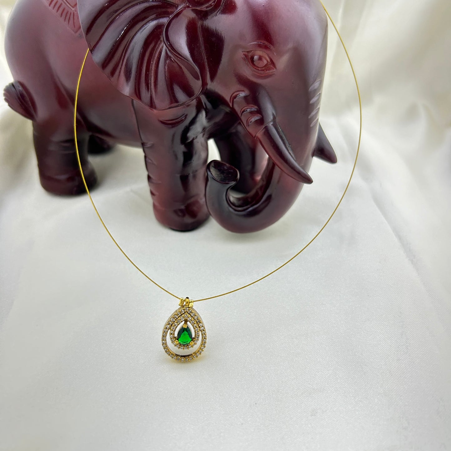 Green stone double drop pendant invisible chain