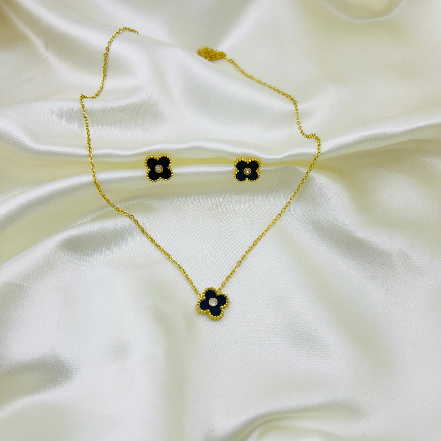 Black enamel clover pendant - necklace and earring set