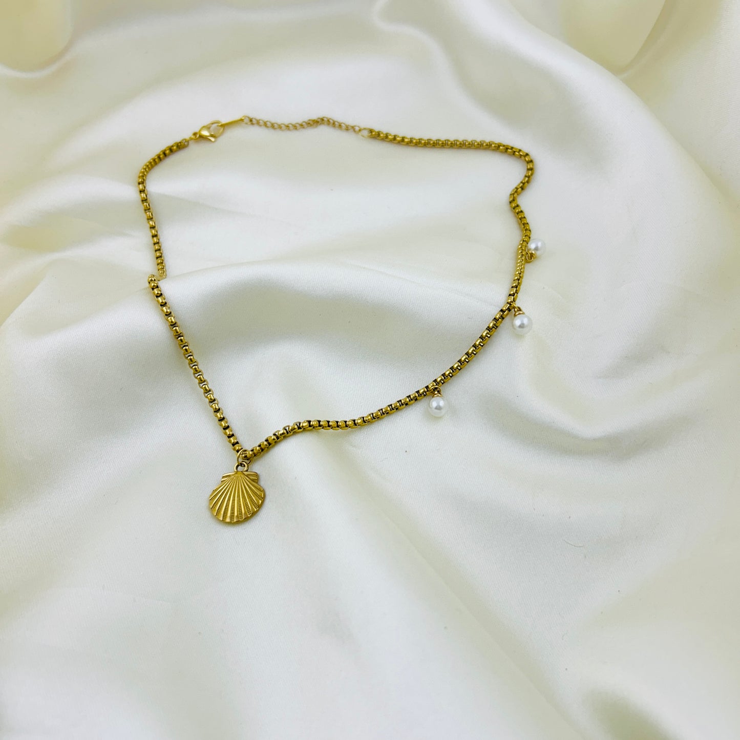 Coastal charm shell pendant and side pearl drop demifine necklace - beach inspired