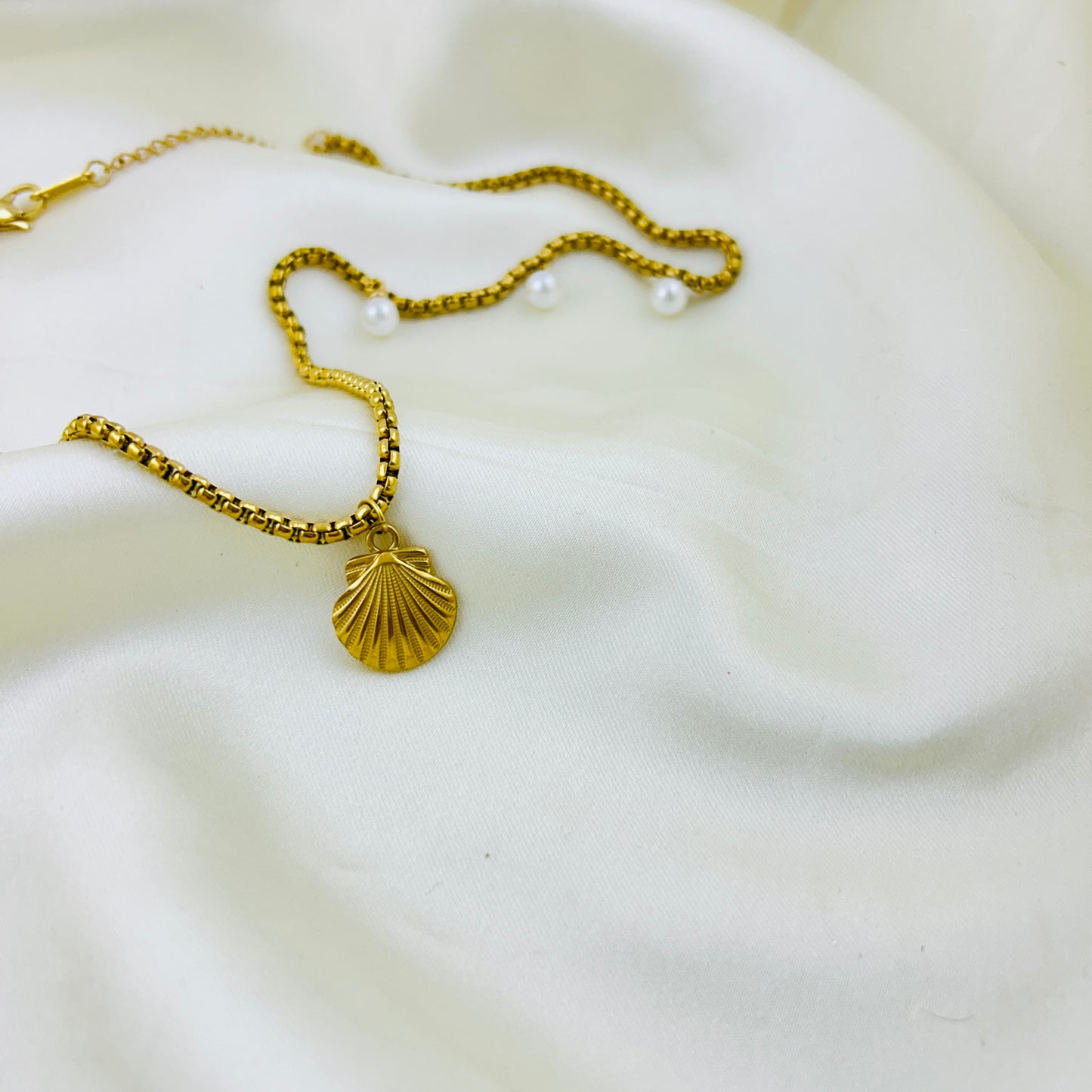 Coastal charm shell pendant and side pearl drop demifine necklace - beach inspired