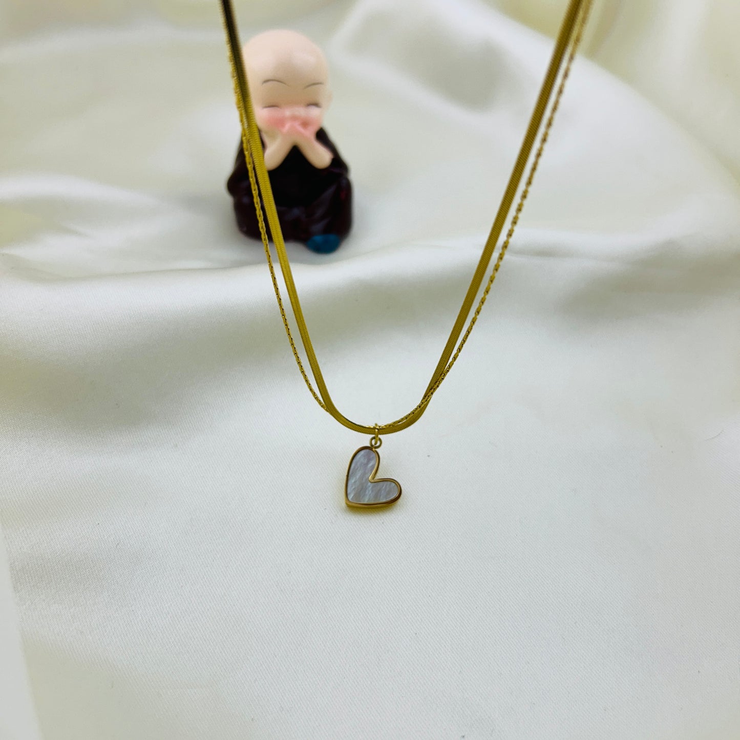 Two layered chain with shell enamel heart pendant demifine necklace