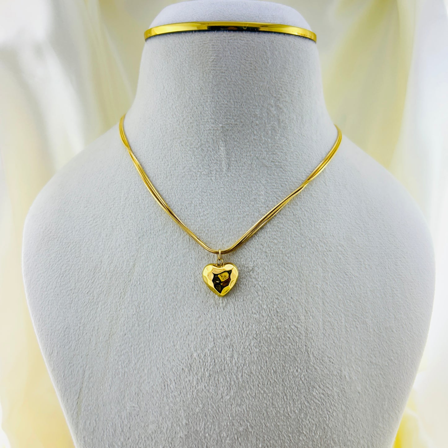 Three layered chain with single heart pendant demifine necklace