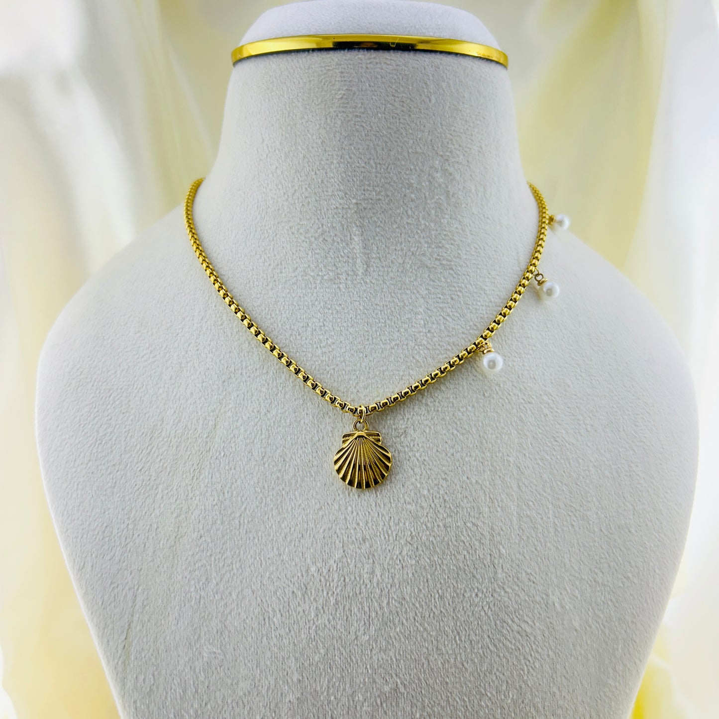 Coastal charm shell pendant and side pearl drop demifine necklace - beach inspired