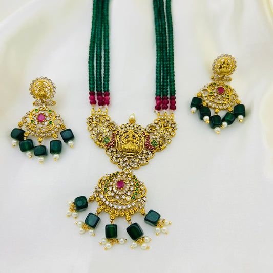 Royal Long necklace with green semiprecious beads and Lakshmi pendants with earrings