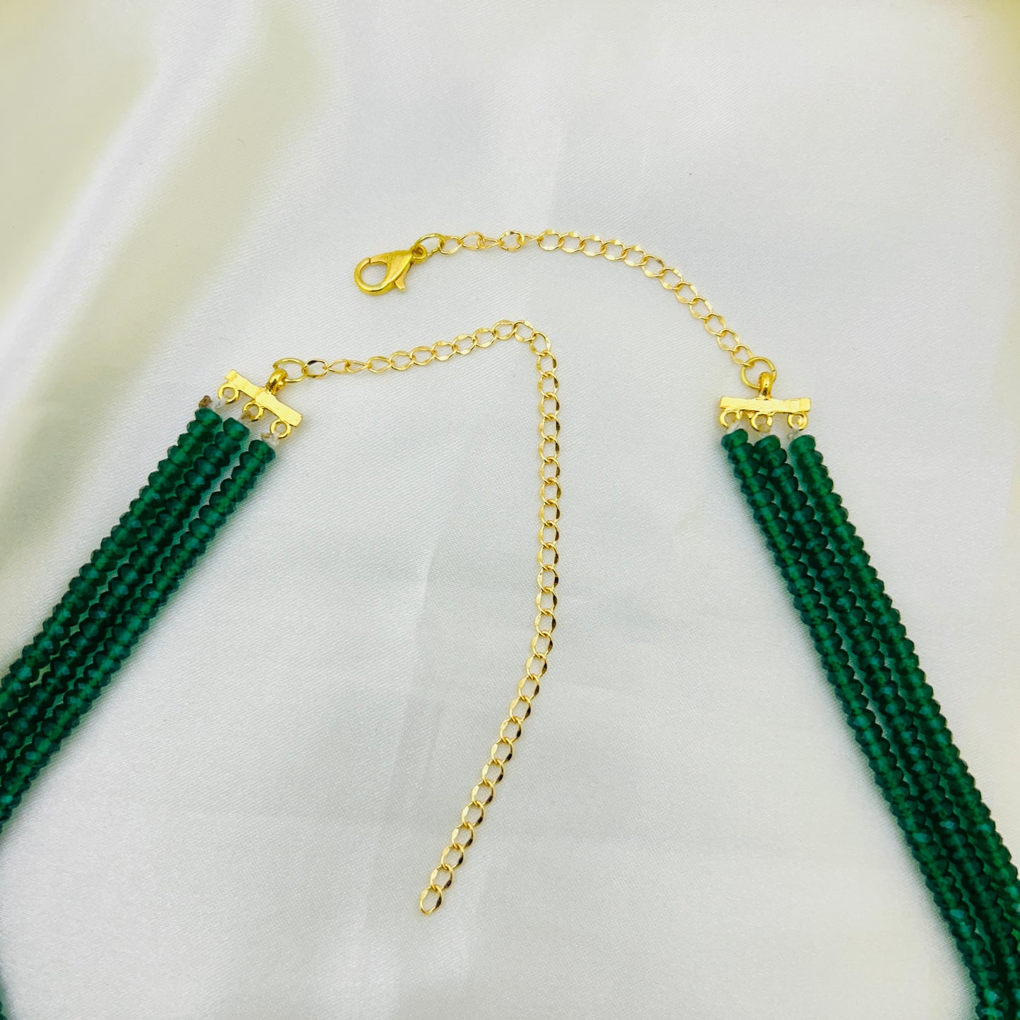 Royal Long necklace with green semiprecious beads and Lakshmi pendants with earrings