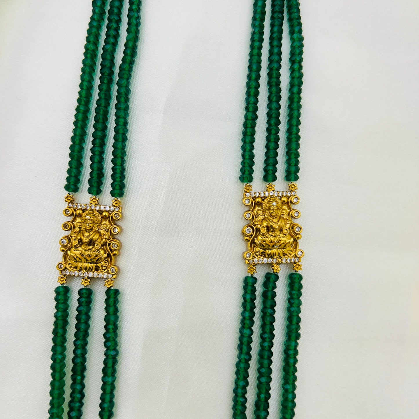 Royal Long necklace with green semiprecious beads and Lakshmi pendants with earrings