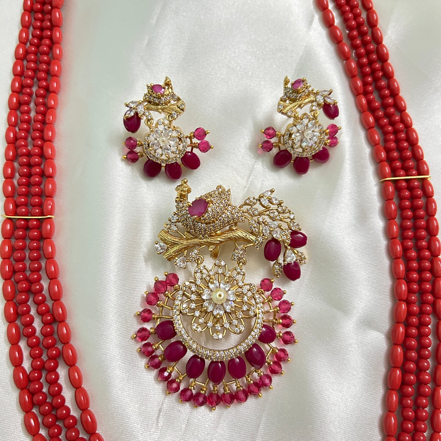 Celebrity inspired Coral haara with peacock pendant and earrings
