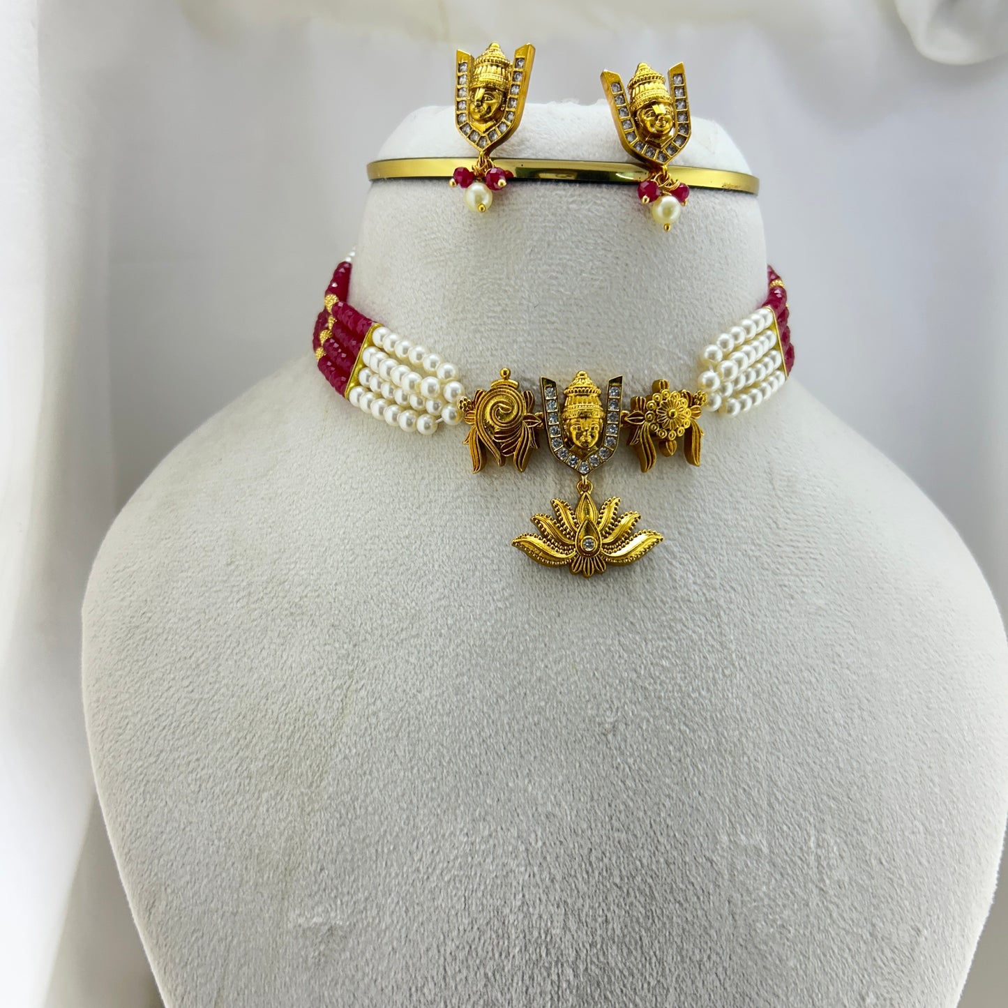 Balaji choker - Pearl and Lab grown ruby beads with earrings