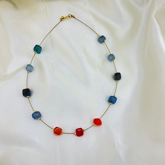 Aquamarine and fire Agate - Natural stone invisible chain