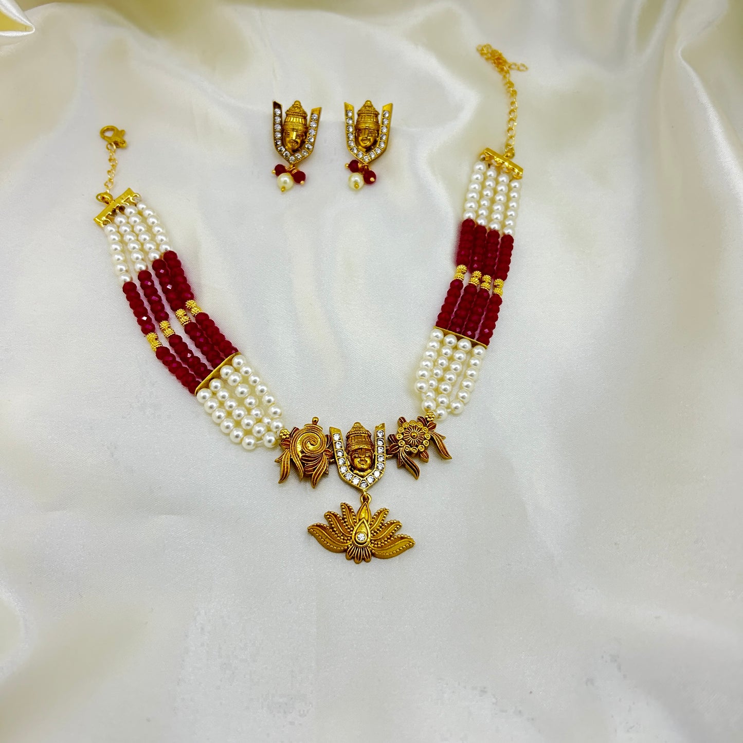 Balaji choker - Pearl and Lab grown ruby beads with earrings