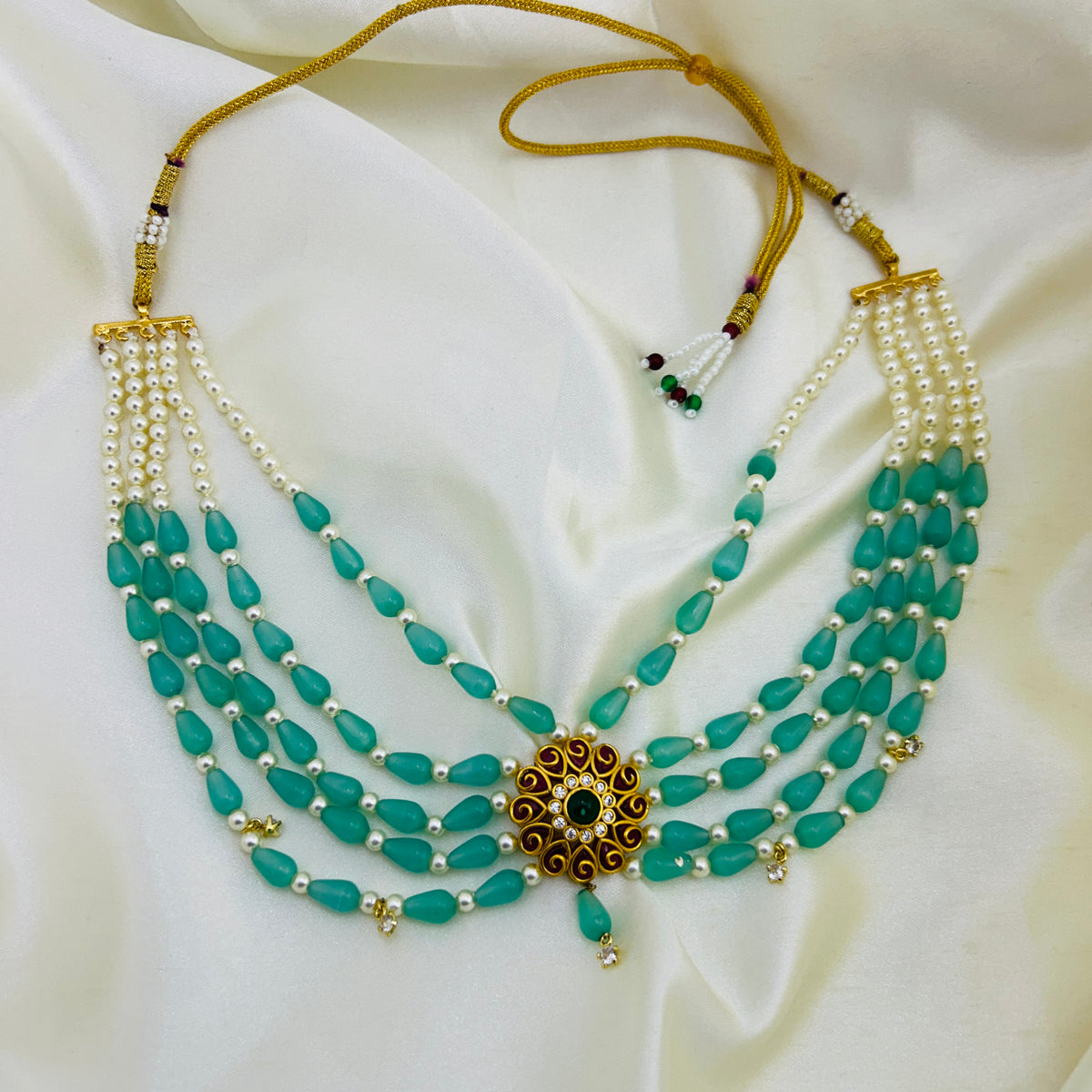 Turquoise Chatoyant Handcrafted Five-Layer Necklace with Pearl & Flower Pendant