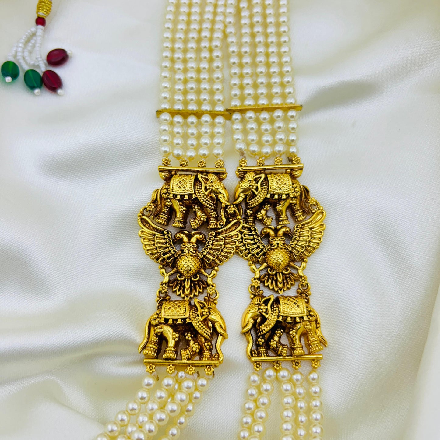 Royal 5-Layer Pearl Haara with Gandaberunda & Elephant Motif Side Pendants