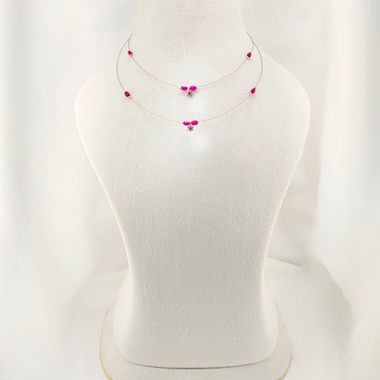 Pink flower pendant with ruby beaded 2-layer invisible chain