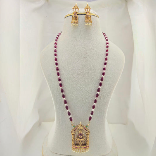 Pearl and maroon beaded Lakshmi long necklace with earrings