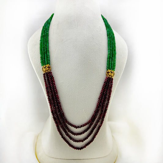 Long neckalce with green - maroon semiprecious beads and peacock side pendants