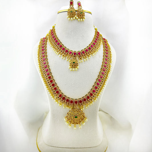 Victorian bridal set with AD-ruby stones- Short and long necklaces with earrings