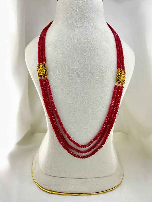 Deep pink Lab grown ruby beads three layer long ethnic haara - 2