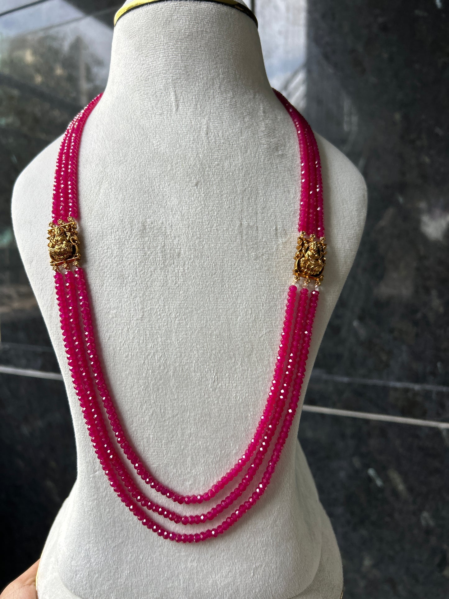 Deep pink Lab grown ruby beads three layer long ethnic haara - 2