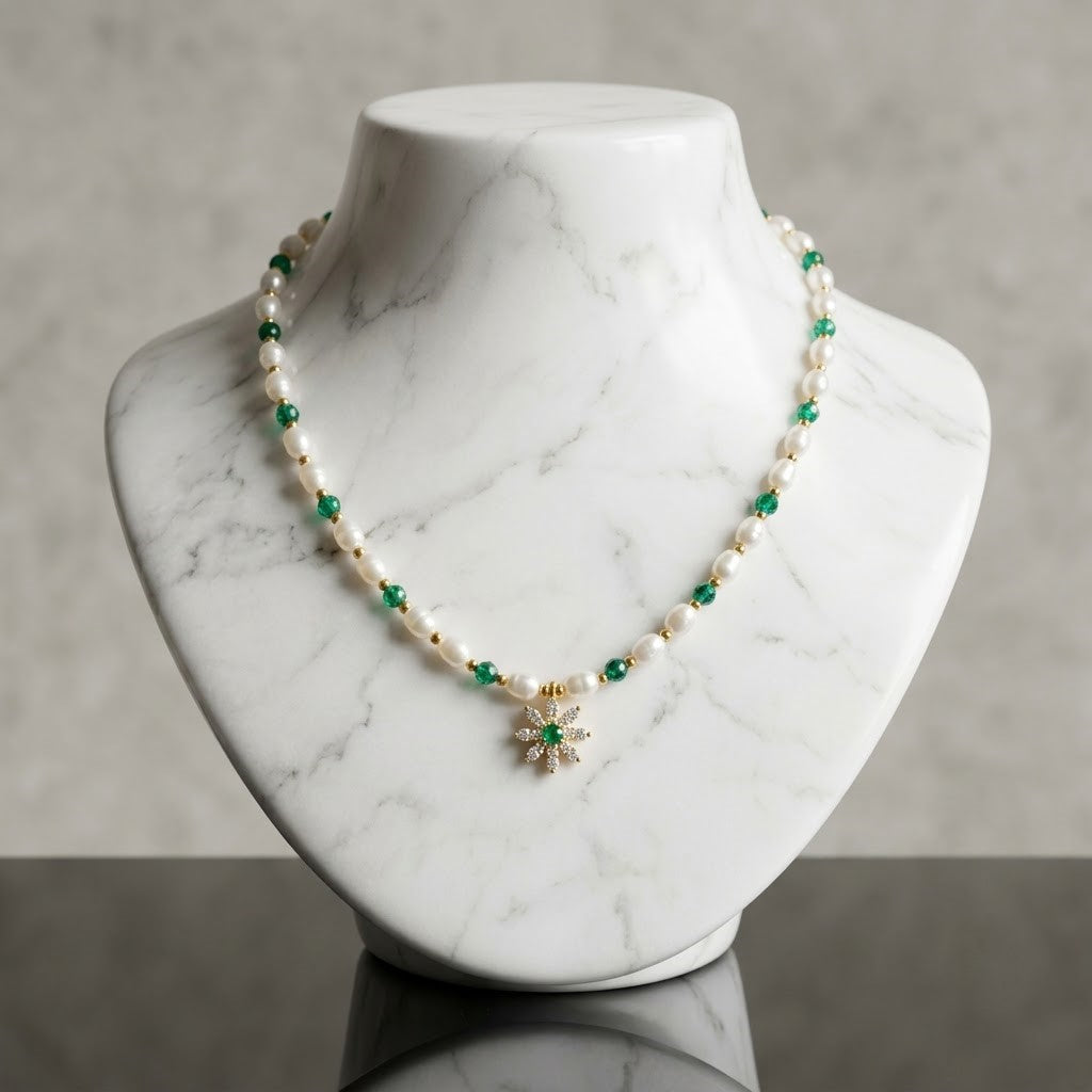 Green Beaded Rice Pearl Short Necklace with Flower Pendant