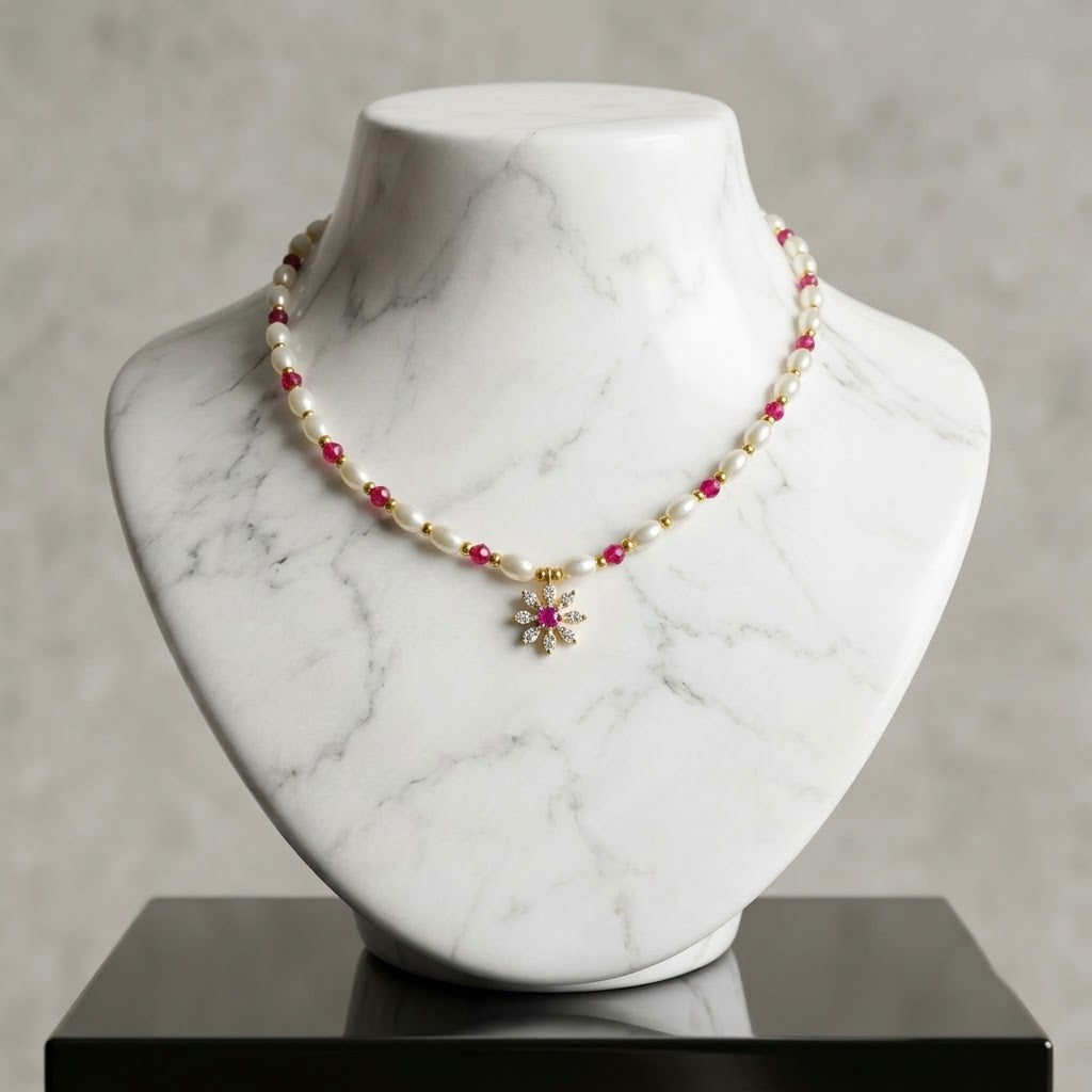 Pink Beaded Rice Pearl Short Necklace with Flower Pendant