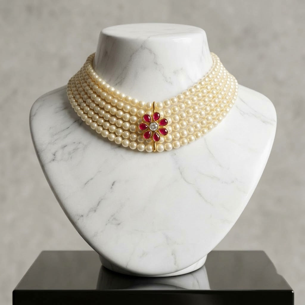 Ruby Bloom Six-Layer Pearl Choker | Handcrafted Statement Necklace