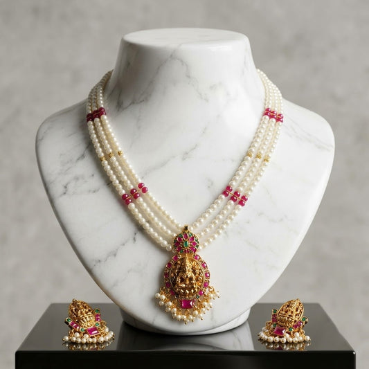 Lakshmi Pearl & Ruby Three-Layer Necklace Set | 2-Way Handcrafted Jewellery Set