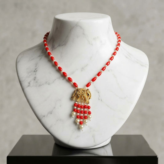 Coral & Pearl Elephant Motif Handcrafted Short Necklace