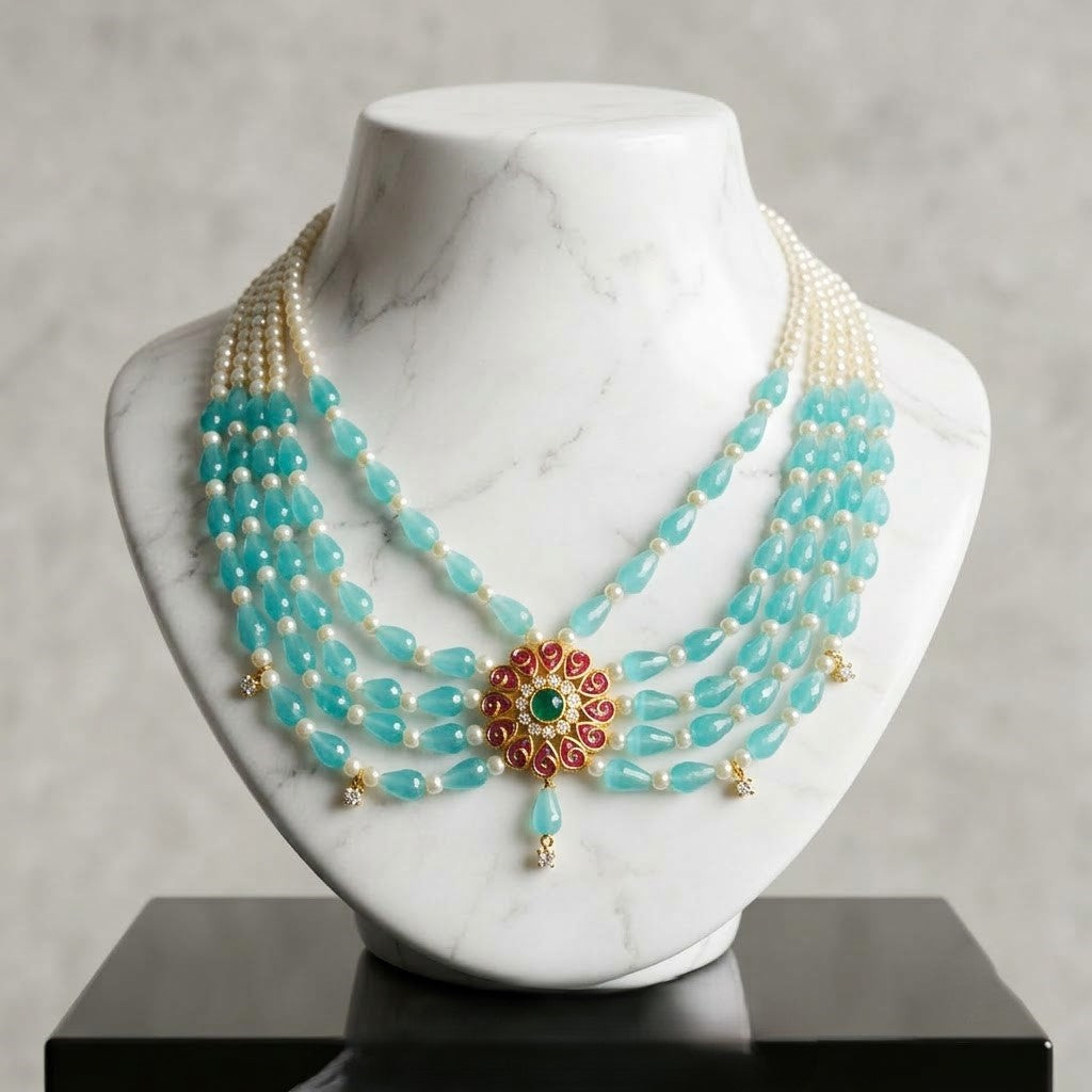 Turquoise Chatoyant Handcrafted Five-Layer Necklace with Pearl & Flower Pendant
