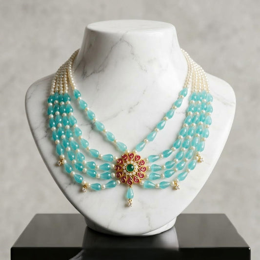 Turquoise Chatoyant Handcrafted Five-Layer Necklace with Pearl & Flower Pendant