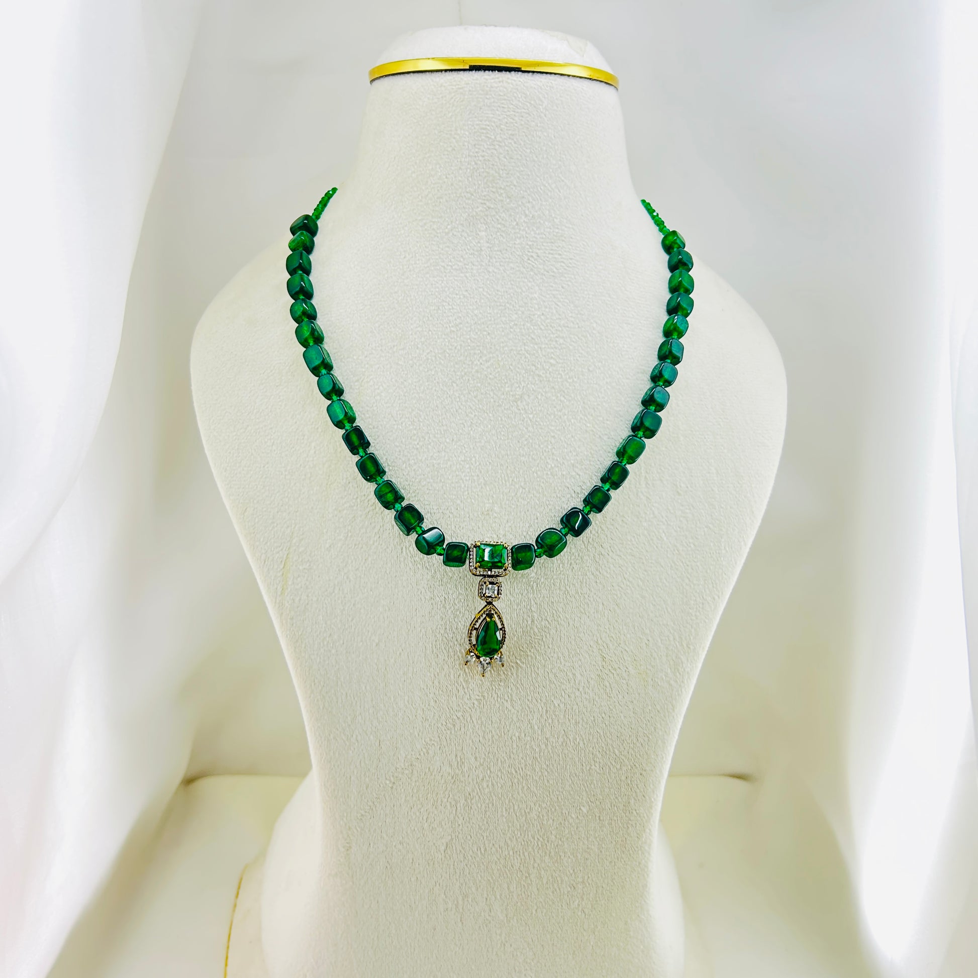 Dark green jade short necklace with Victorian emerald pendant