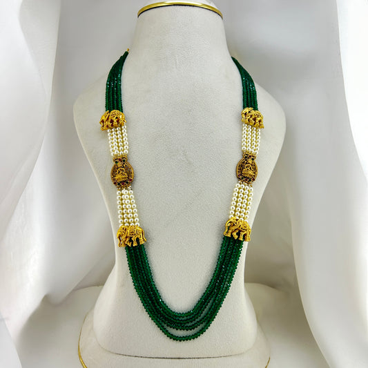 Beautiful Long necklace with green semiprecious beads and Elephant-Lakshmi mopes