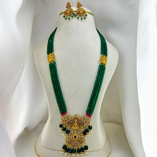 Royal Long necklace with green semiprecious beads and Lakshmi pendants with earrings - 2