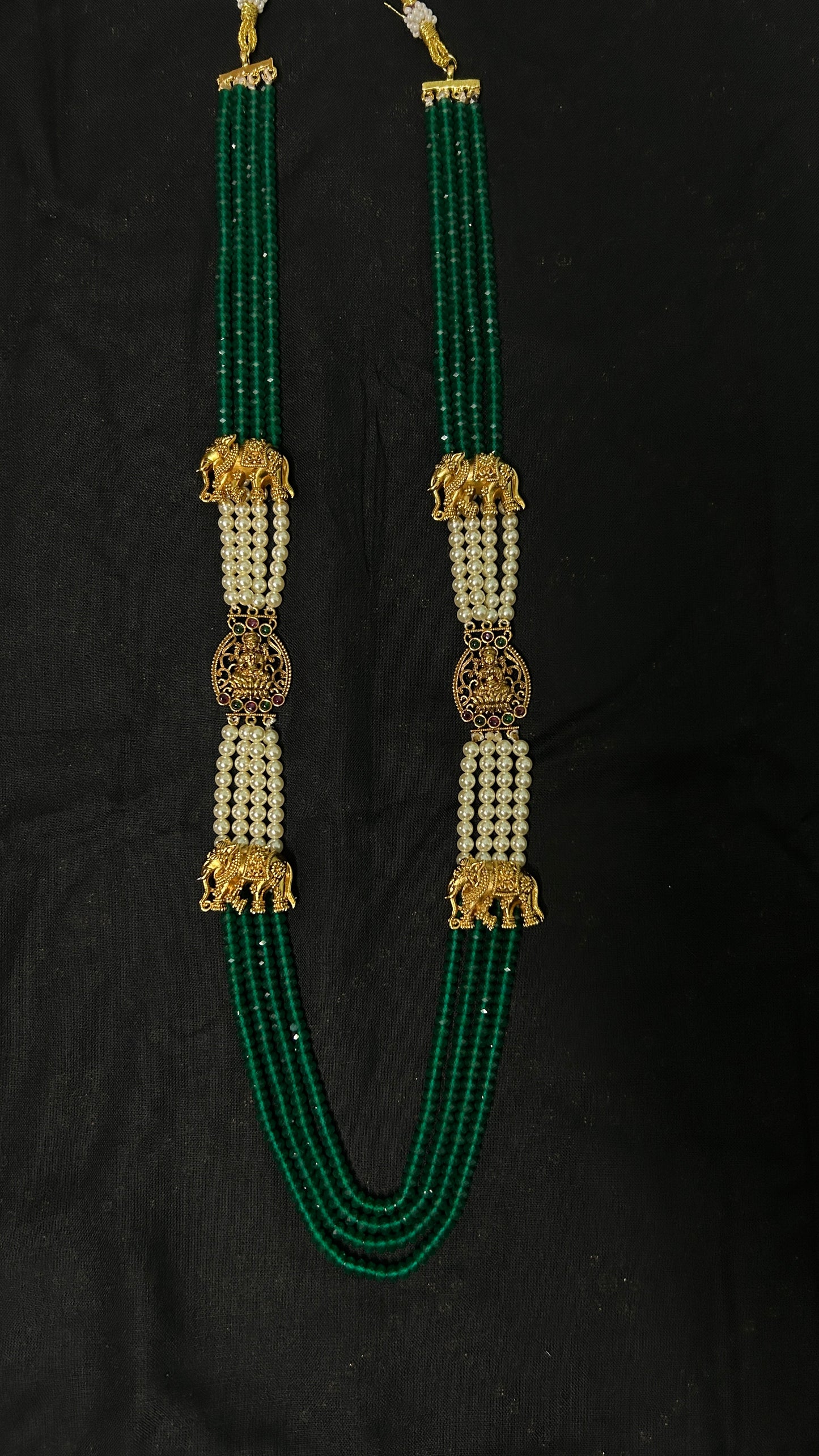 Beautiful Long necklace with green semiprecious beads and Elephant-Lakshmi mopes