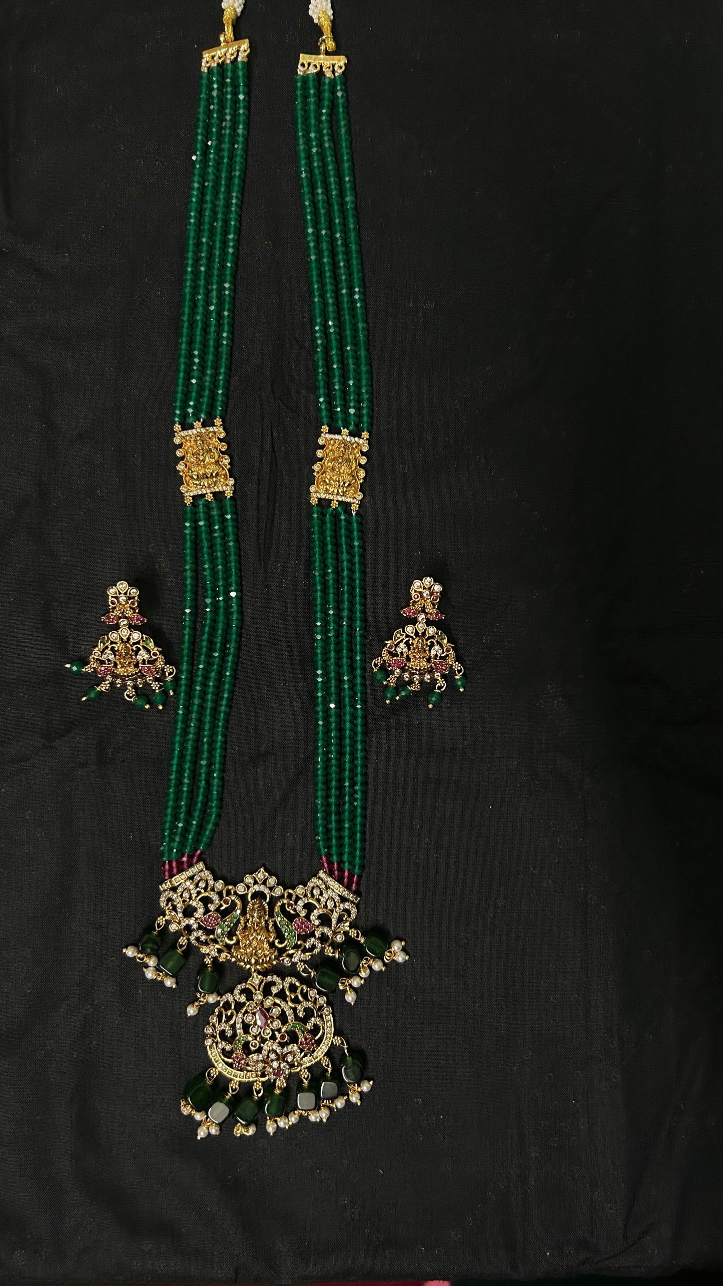 Royal Long necklace with green semiprecious beads and Lakshmi pendants with earrings - 2