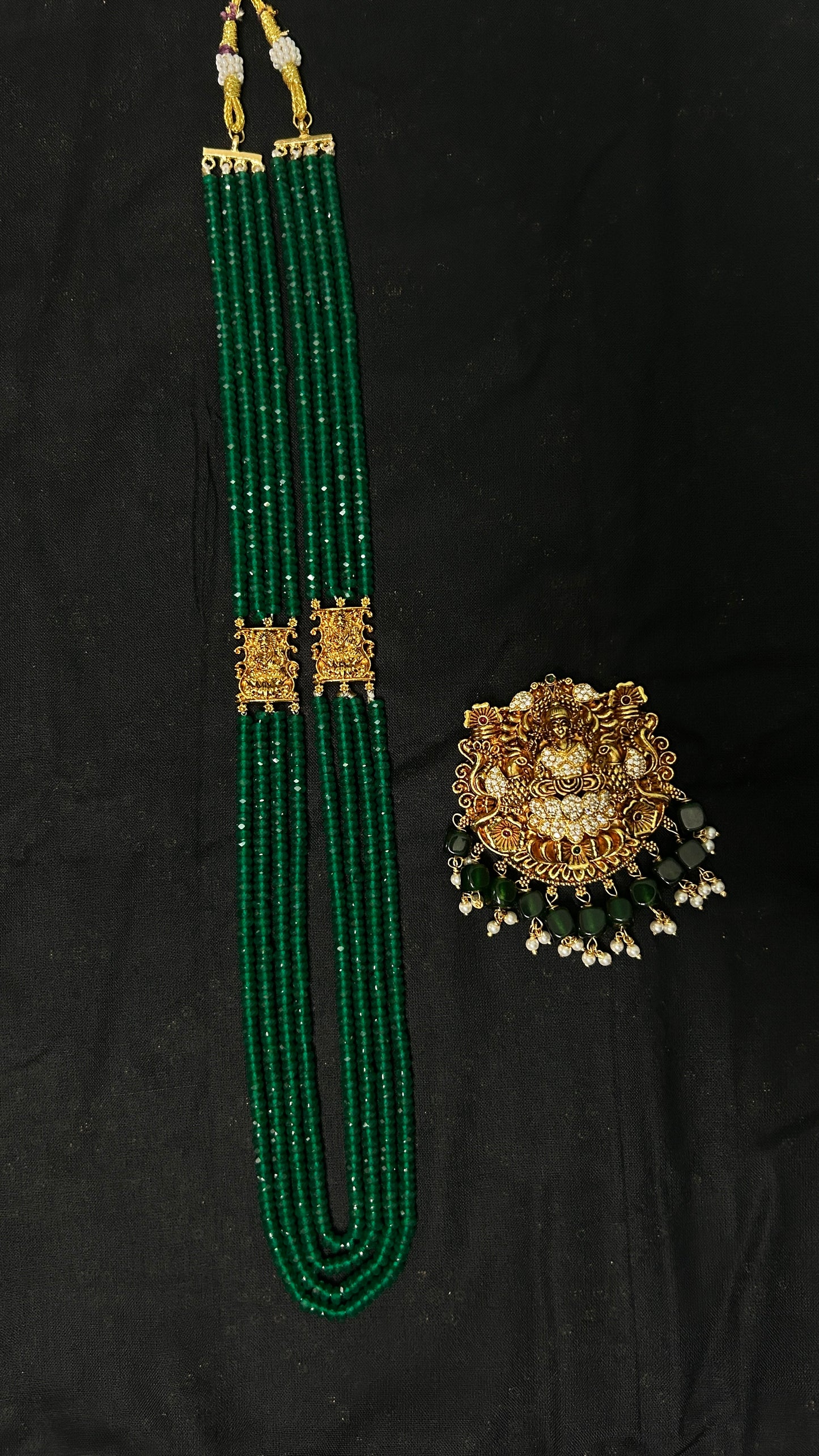 Long necklace with green semiprecious beads and Lakshmi pendants - 2
